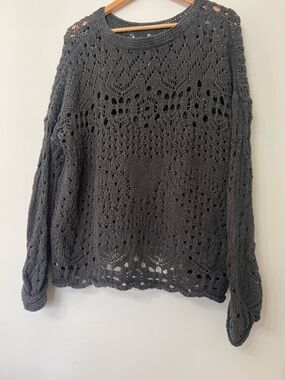 Free People Charcoal Openwork Crochet Crewneck Sweater